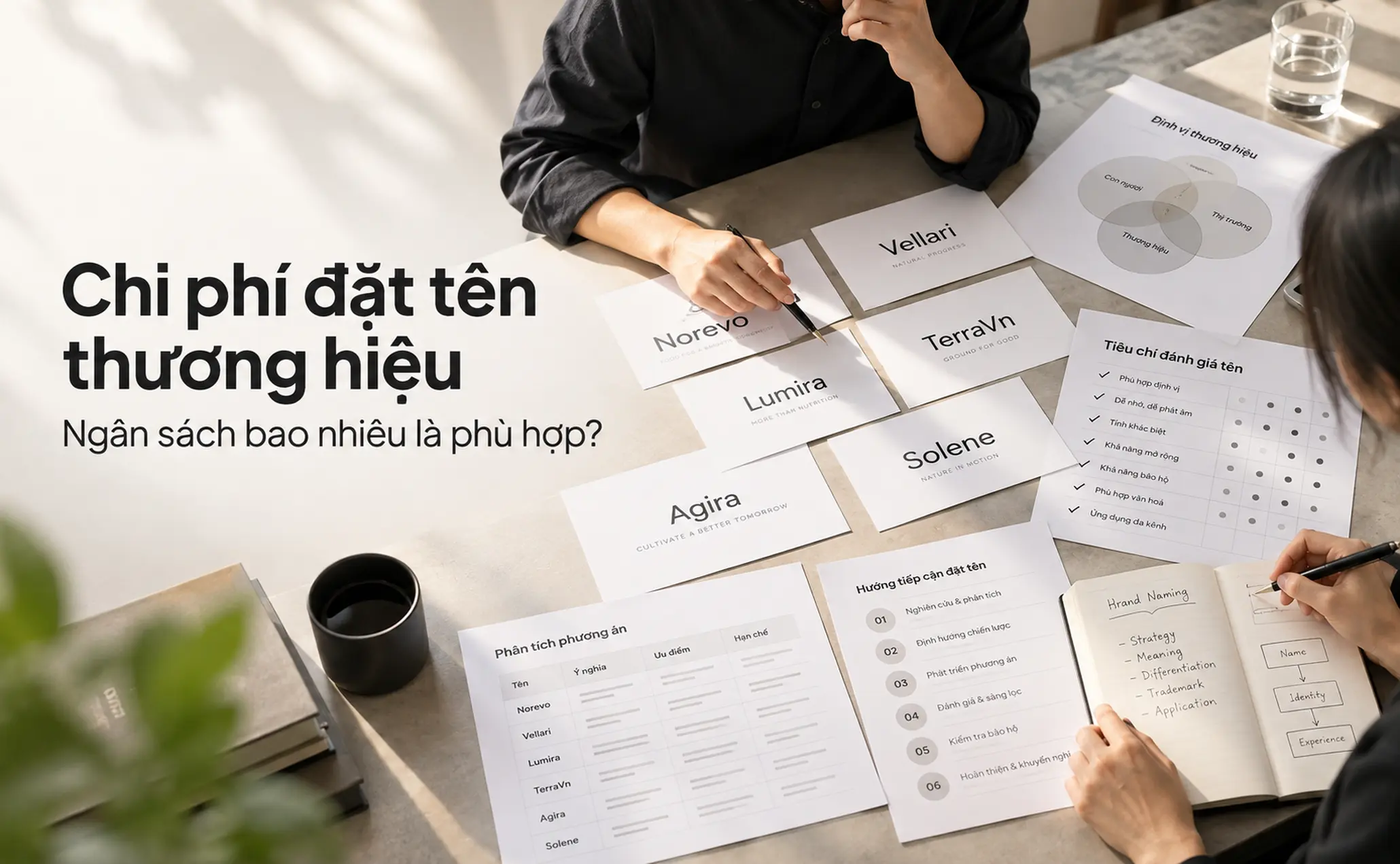 Tài liệu chiến lược và các phương án tên thương hiệu được xem xét trong một dự án đặt tên.