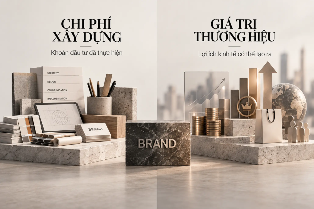 Sơ đồ phân biệt chi phí đầu tư xây dựng thương hiệu với giá trị kinh tế mà thương hiệu có thể tạo ra.