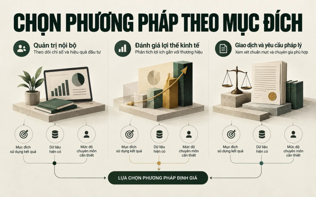 Sơ đồ lựa chọn cách định giá thương hiệu theo mục đích sử dụng, dữ liệu sẵn có và yêu cầu chuyên môn.