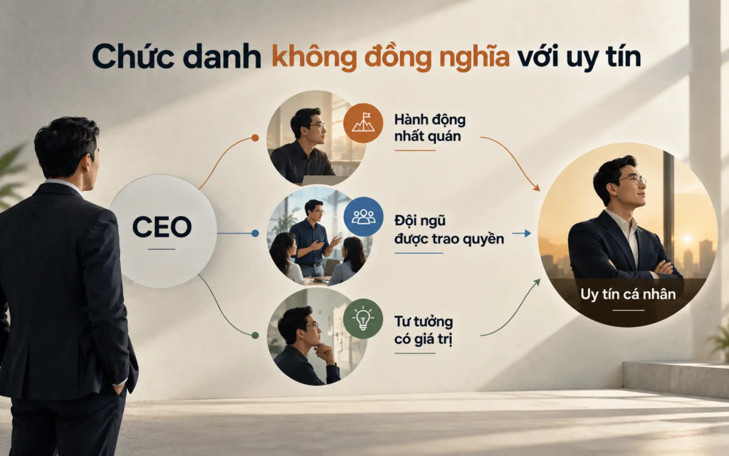 Sơ đồ phân biệt chức danh CEO với uy tín hình thành từ hành động, đội ngũ và tư tưởng lãnh đạo.