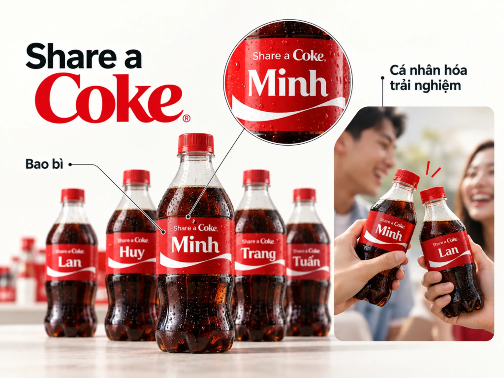 Bao bì Coca-Cola trong chiến dịch Share a Coke, thể hiện cách đưa tên riêng lên nhãn sản phẩm để tăng tương tác cá nhân.
