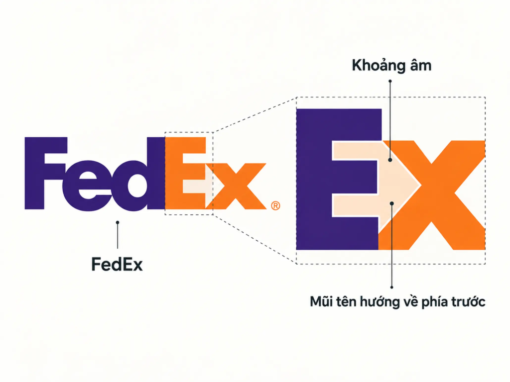 Logo FedEx với mũi tên được tạo bởi khoảng âm giữa chữ E và x, gợi liên tưởng đến chuyển động về phía trước.