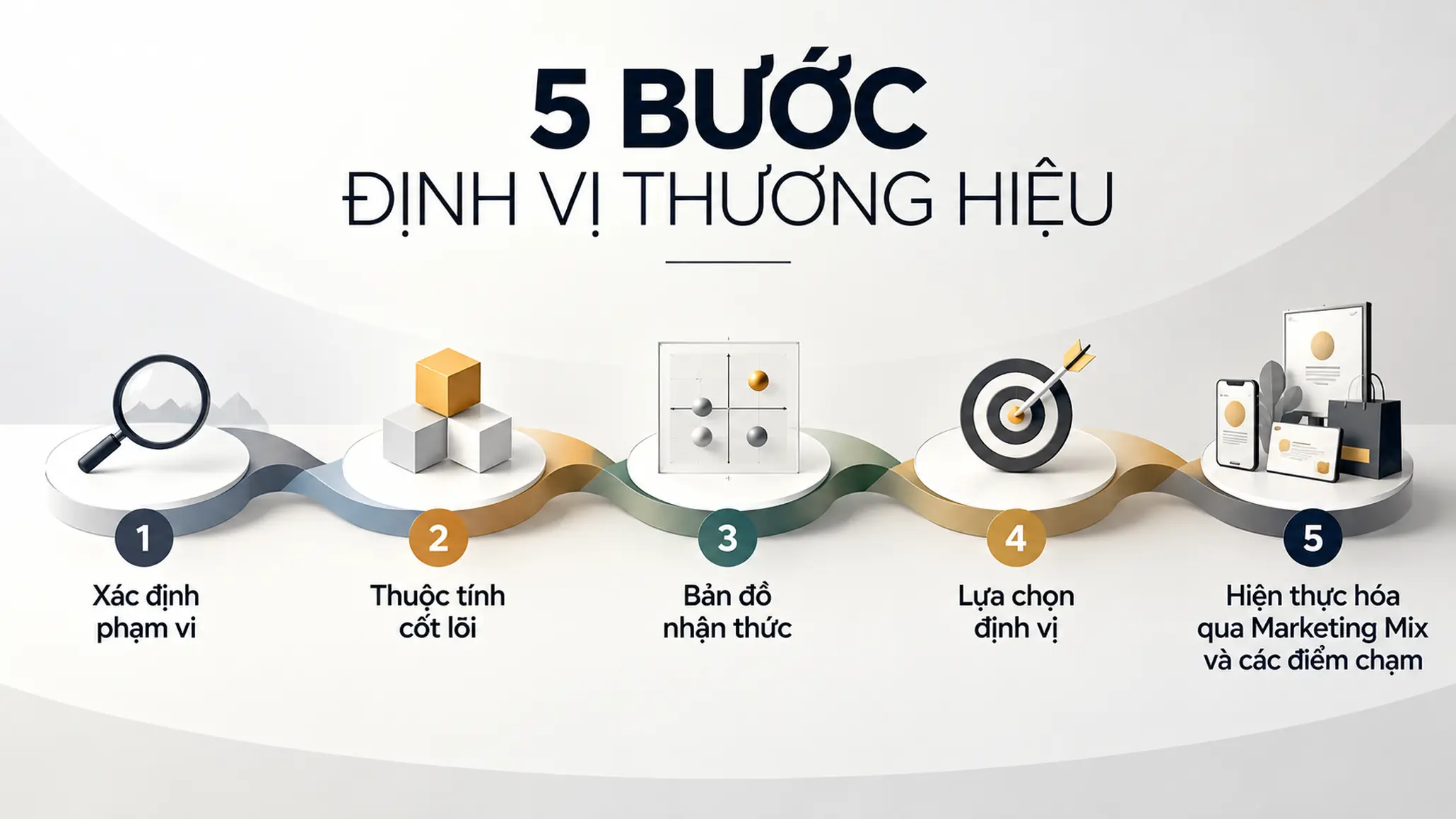 Sơ đồ năm bước từ xác định phạm vi đến triển khai định vị thương hiệu trên thị trường.