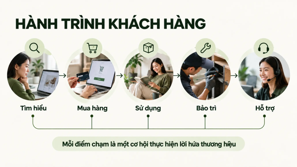 Sơ đồ hành trình khách hàng từ tìm hiểu, mua hàng đến sử dụng, bảo trì và nhận hỗ trợ.