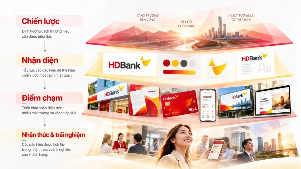 Sơ đồ mối quan hệ giữa chiến lược, hệ thống nhận diện, điểm chạm và nhận thức thương hiệu.