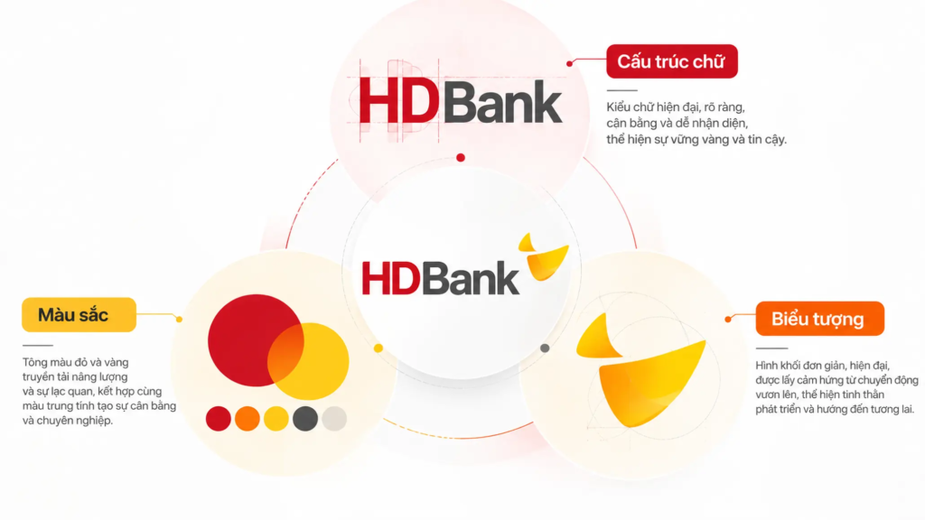 Sơ đồ ba thành phần nhận diện HDBank gồm cấu trúc chữ, màu sắc và biểu tượng cánh diều cách điệu.