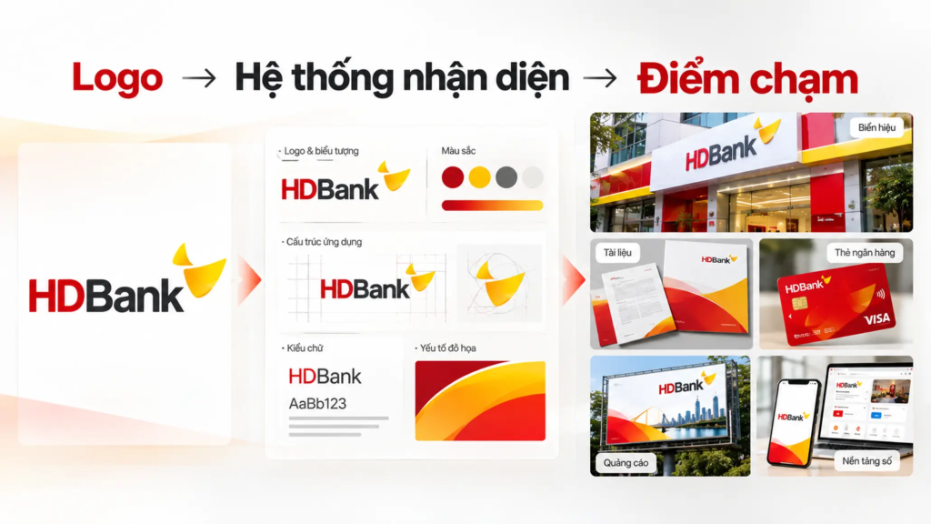 Sơ đồ cho thấy nhận diện ngân hàng được triển khai từ logo đến biển hiệu, tài liệu, quảng cáo và nền tảng số.