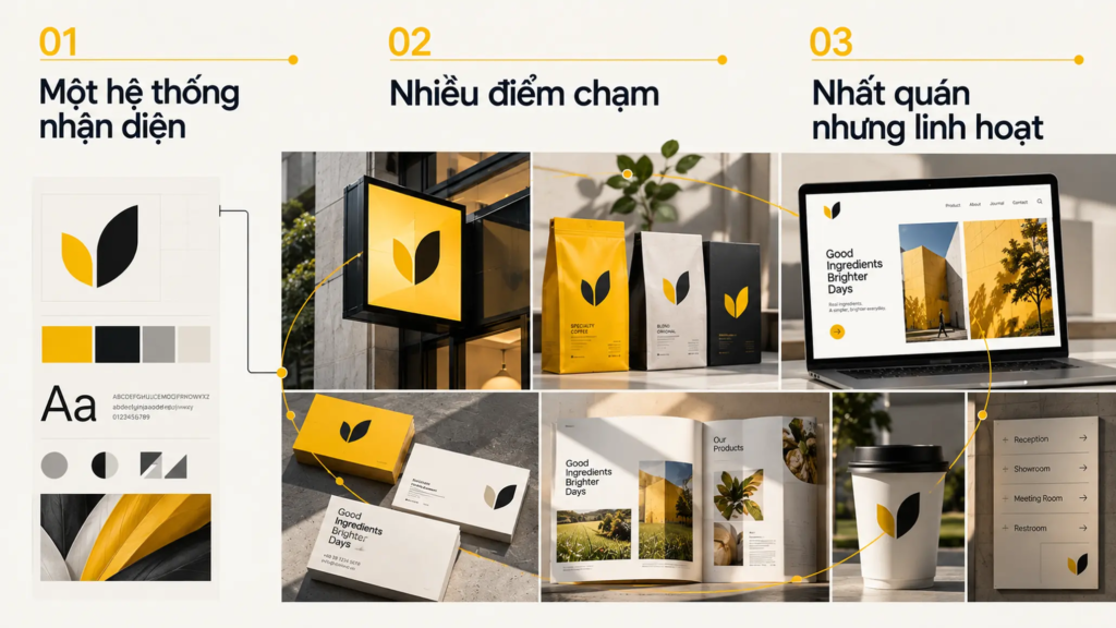 Minh họa hệ thống nhận diện trên bao bì, biển hiệu, website và tài liệu bán hàng với các nguyên tắc thị giác nhất quán.