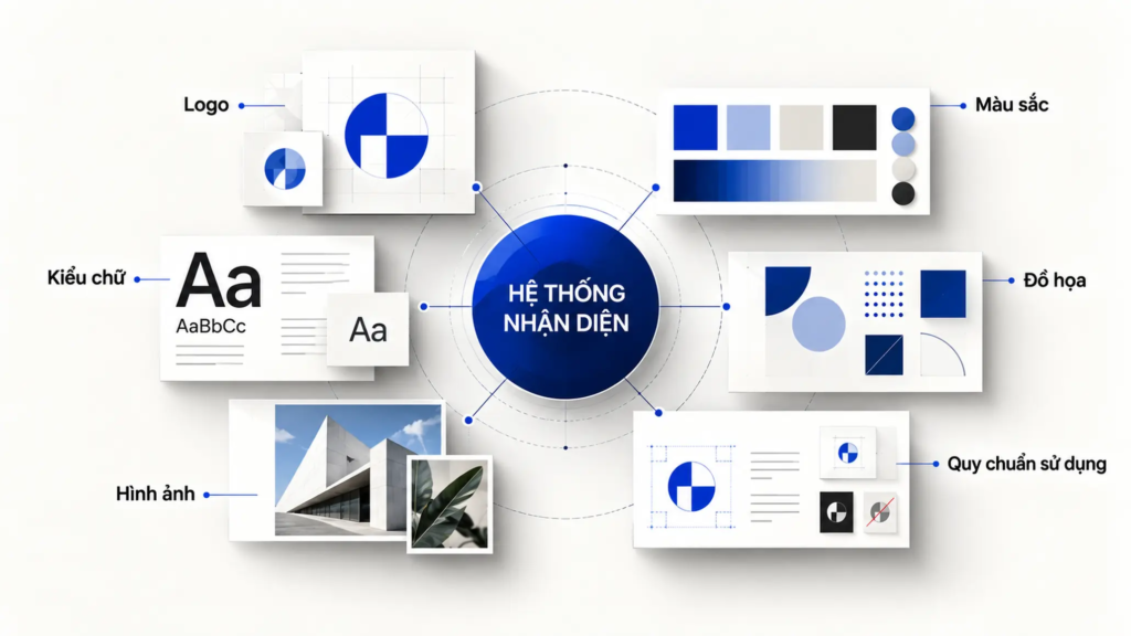 Sơ đồ các thành phần logo, màu sắc, kiểu chữ, hình ảnh và đồ họa trong hệ thống nhận diện.