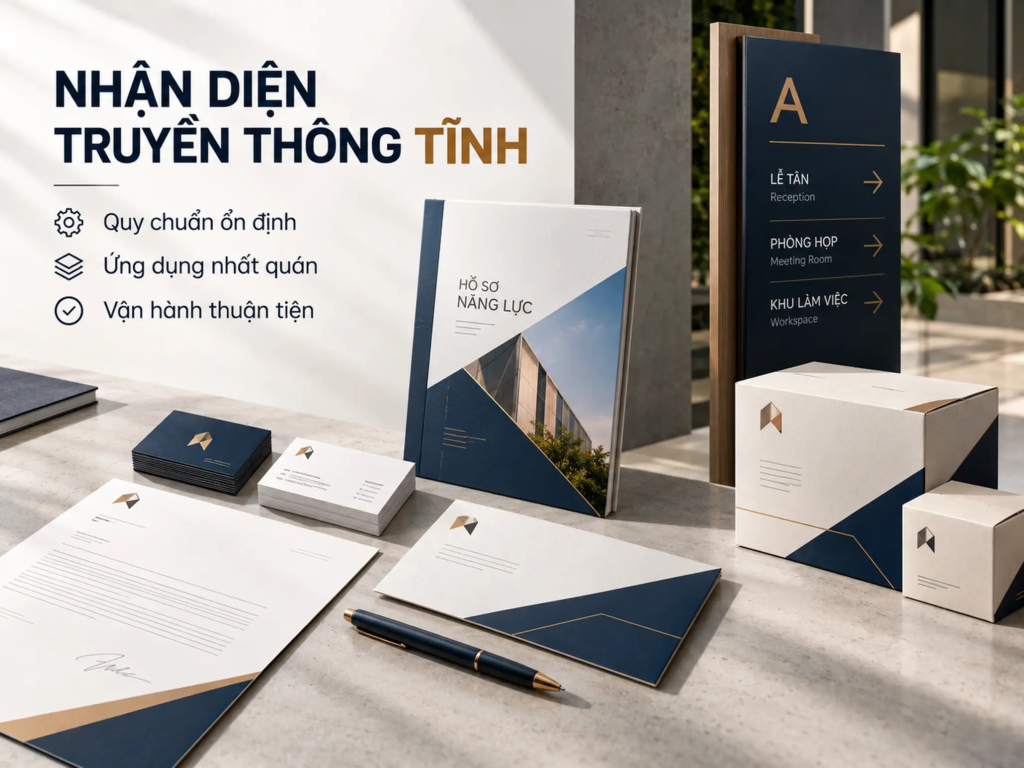 Các ứng dụng nhận diện tĩnh gồm danh thiếp, tài liệu văn phòng, hồ sơ năng lực, biển chỉ dẫn và bao bì.