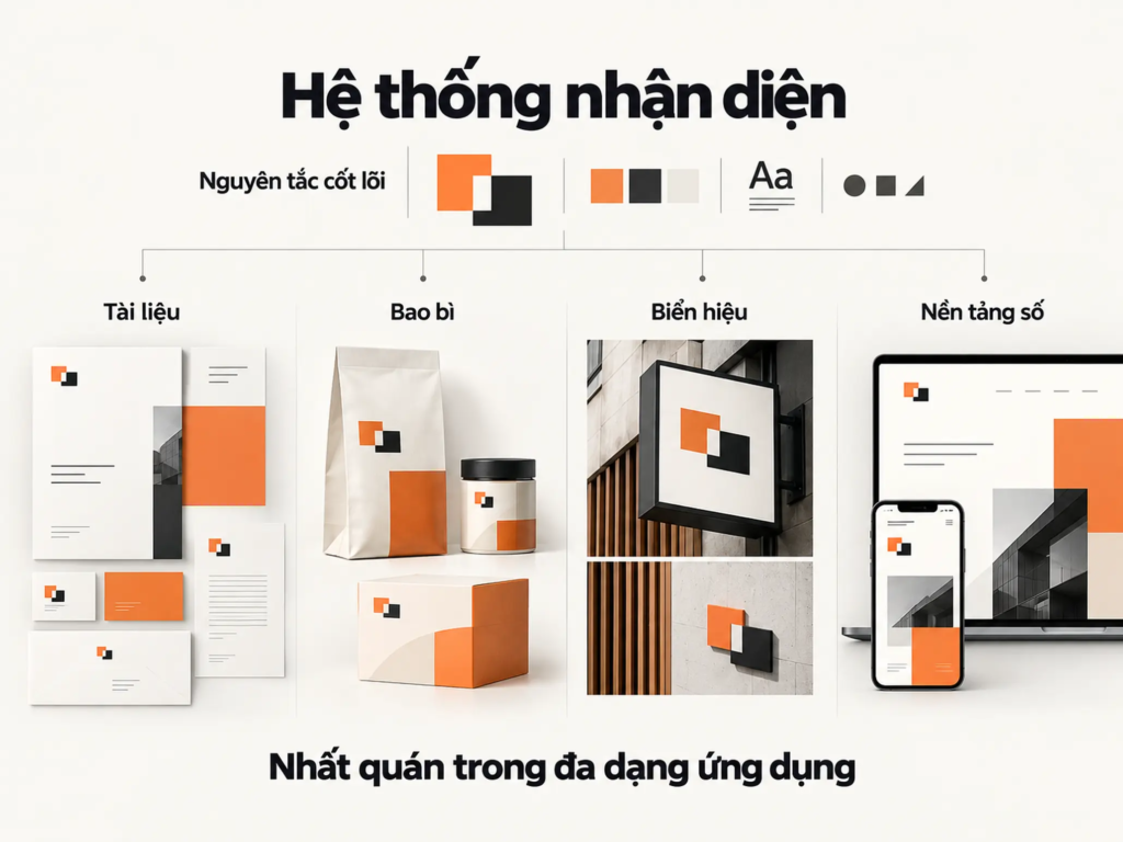 Sơ đồ thể hiện các nguyên tắc nhận diện thương hiệu được ứng dụng trên tài liệu, bao bì, biển hiệu và nền tảng số.