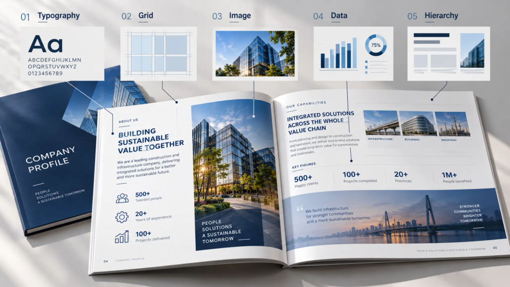 Bố cục hồ sơ năng lực thể hiện grid, typography, hình ảnh và hierarchy thông tin