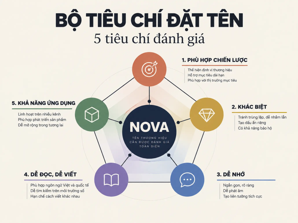 Ma trận năm tiêu chí giúp doanh nghiệp đánh giá và sàng lọc các phương án tên thương hiệu có hệ thống.