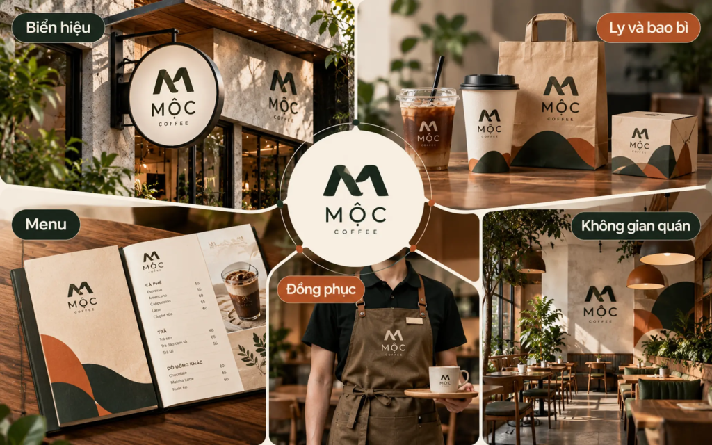 Logo cafe được ứng dụng trên biển hiệu, ly, bao bì, menu, đồng phục và không gian quán.