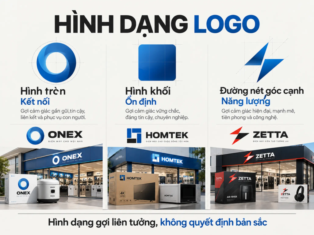 So sánh hình tròn, hình khối vuông và đường nét góc cạnh trong thiết kế logo điện máy.