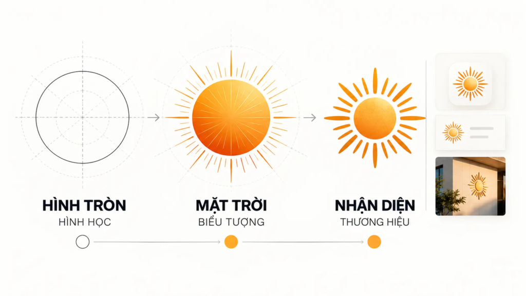 Minh họa cách hình tròn được phát triển thành biểu tượng mặt trời qua hình học, biểu tượng và nhận diện thương hiệu.