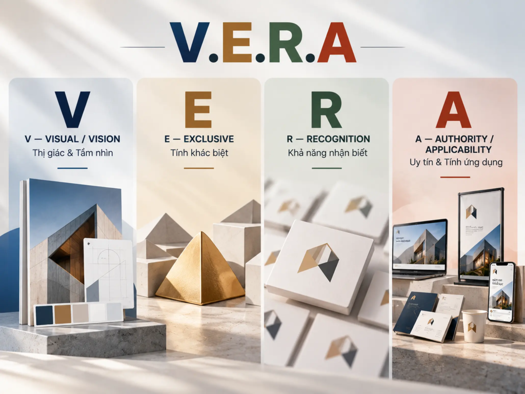 Infographic bốn tiêu chí V.E.R.A gồm Visual, Exclusive, Recognition và Authority / Applicability trong đánh giá nhận diện thương hiệu.