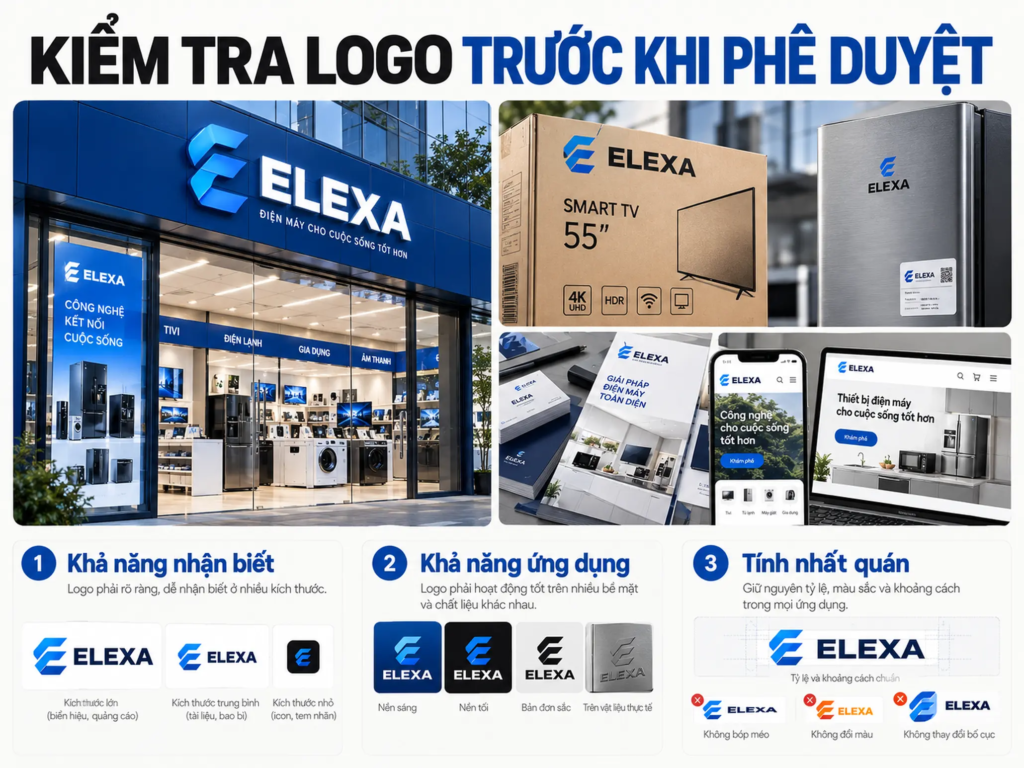 Logo điện máy được minh họa trên biển hiệu, bao bì, tem nhãn, tài liệu kinh doanh và nền tảng số.