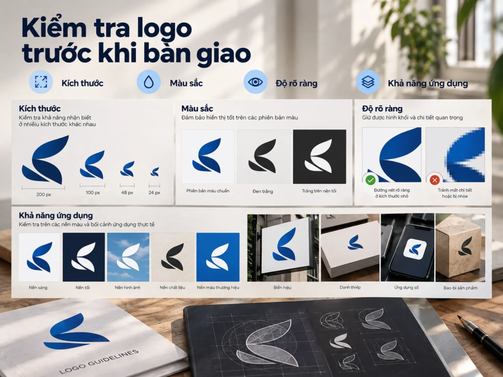 Các phiên bản logo ở nhiều kích thước, màu sắc và nền sử dụng nhằm kiểm tra độ rõ ràng trước khi bàn giao.