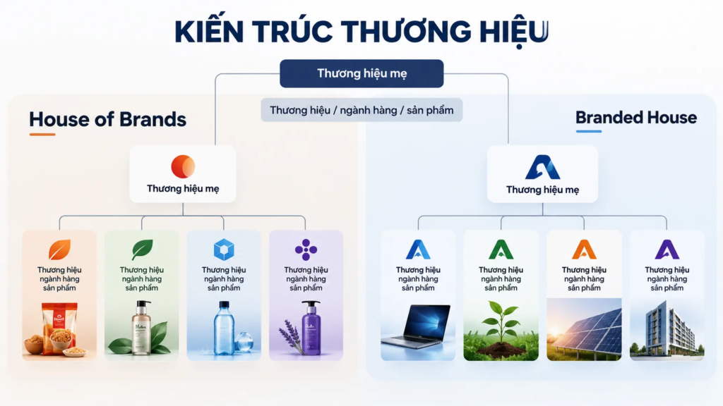 Sơ đồ minh họa quan hệ giữa thương hiệu mẹ, thương hiệu thành phần và các ngành hàng khi doanh nghiệp mở rộng.
