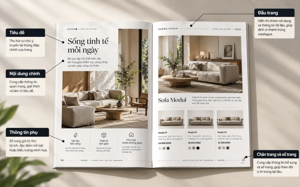 Trang catalogue thể hiện thứ bậc kiểu chữ, đầu trang, chân trang và số trang hỗ trợ việc đọc.