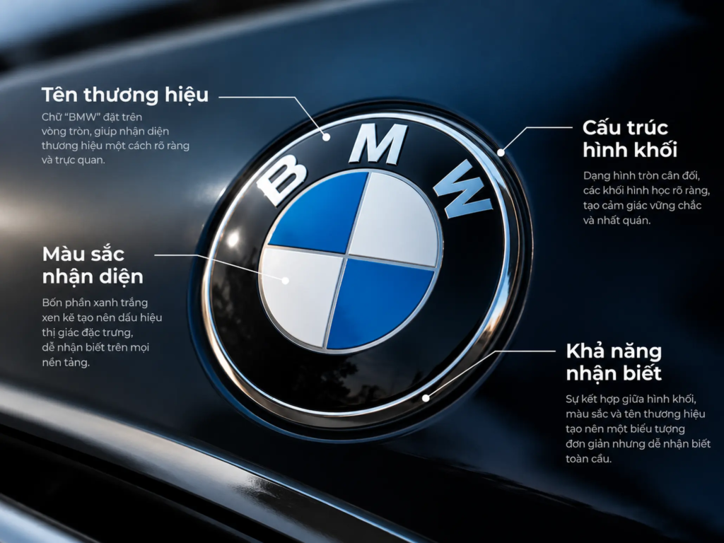 Sơ đồ logo BMW với các thành phần hình tròn, bốn phần xanh trắng, đường viền và tên thương hiệu được chú thích.