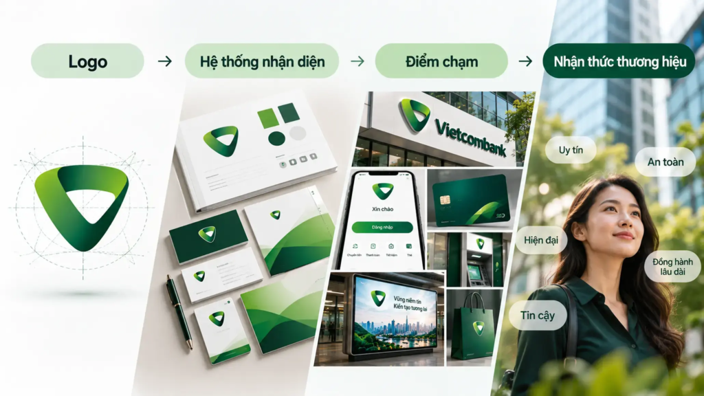 Sơ đồ cho thấy mối quan hệ từ logo qua hệ thống nhận diện và điểm chạm đến nhận thức thương hiệu.