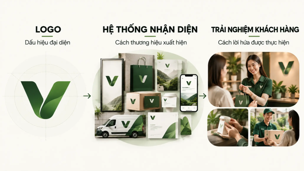 Sơ đồ phân biệt logo, hệ thống nhận diện thương hiệu và trải nghiệm khách hàng theo chức năng.