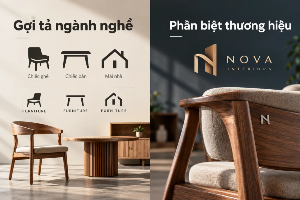 So sánh biểu tượng nội thất phổ biến với hướng thiết kế logo có đặc điểm nhận diện riêng.