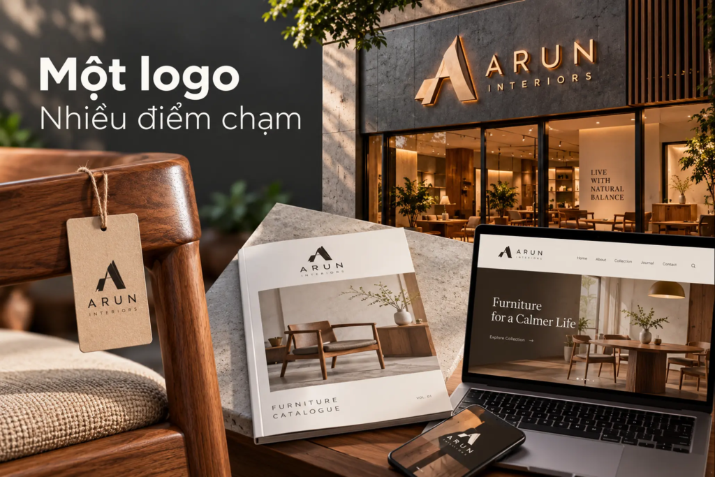Logo nội thất được ứng dụng trên nhãn sản phẩm gỗ, catalogue, biển hiệu và website.