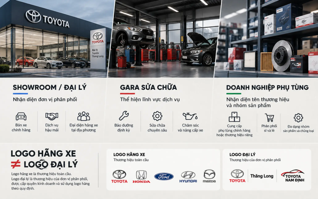 Sơ đồ phân biệt trọng tâm nhận diện của showroom ô tô, gara sửa chữa và doanh nghiệp cung cấp phụ tùng.