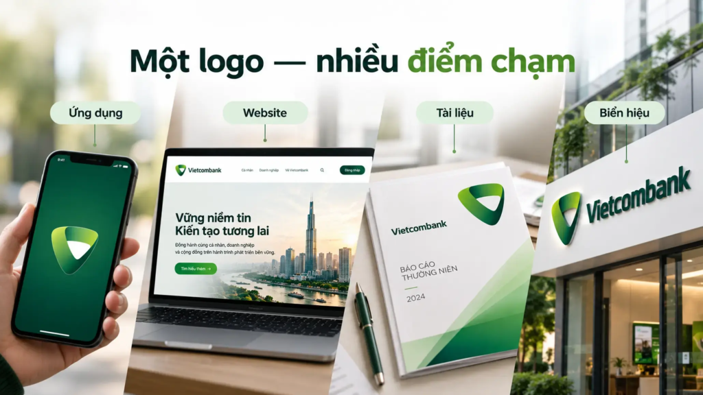 Minh họa logo ngân hàng được sử dụng trên ứng dụng, website, tài liệu và biển hiệu.