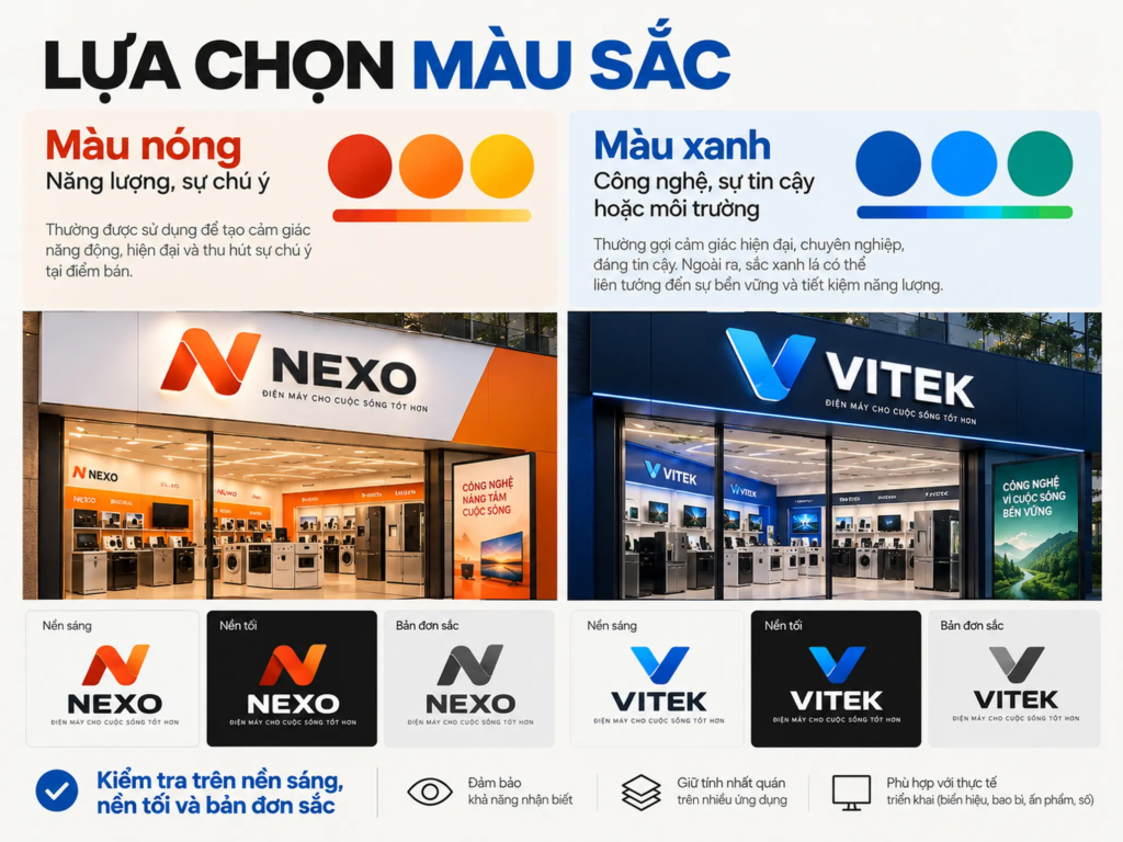 Các phương án màu sắc logo điện máy được đối chiếu trên nền sáng, nền tối và phiên bản đơn sắc.