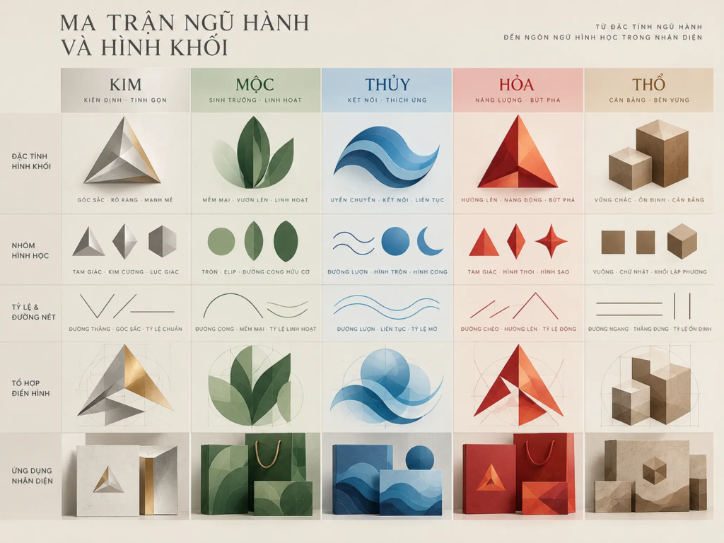 Năm nhóm hình học đại diện cho Kim Mộc Thủy Hỏa Thổ trong hệ quy chiếu nhận diện