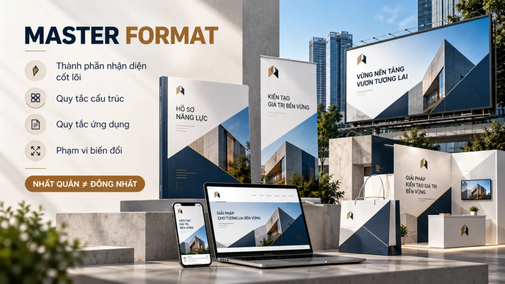 Sơ đồ Master Format kết nối quy chuẩn nhận diện chung với các ứng dụng truyền thông có bố cục và mục tiêu khác nhau.