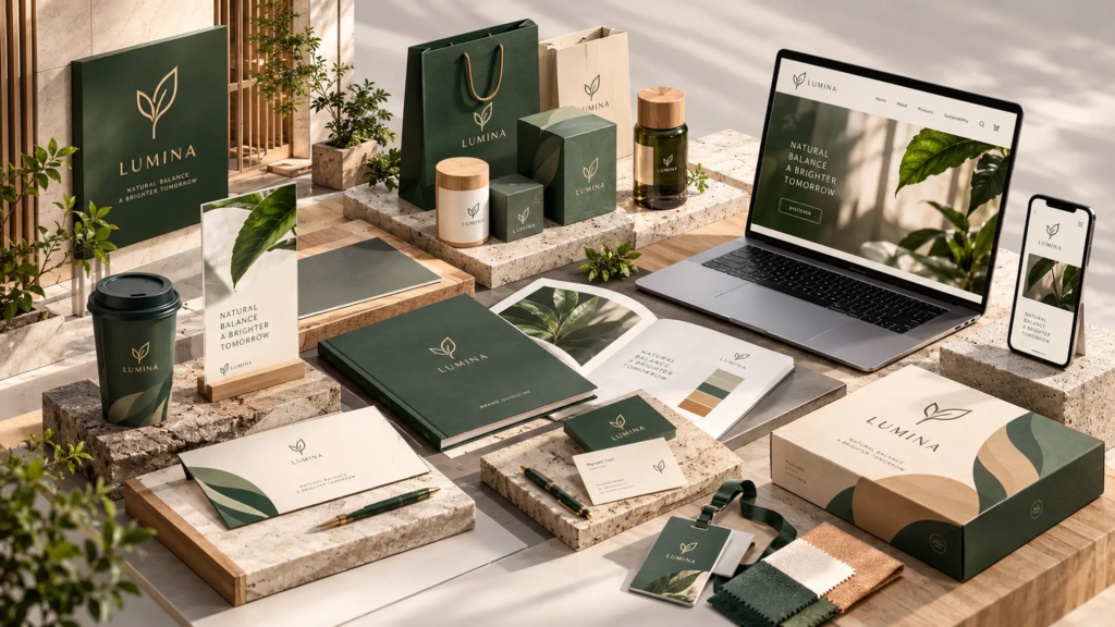 Hệ màu nhận diện được triển khai nhất quán trên bao bì, website và tài liệu thương hiệu.
