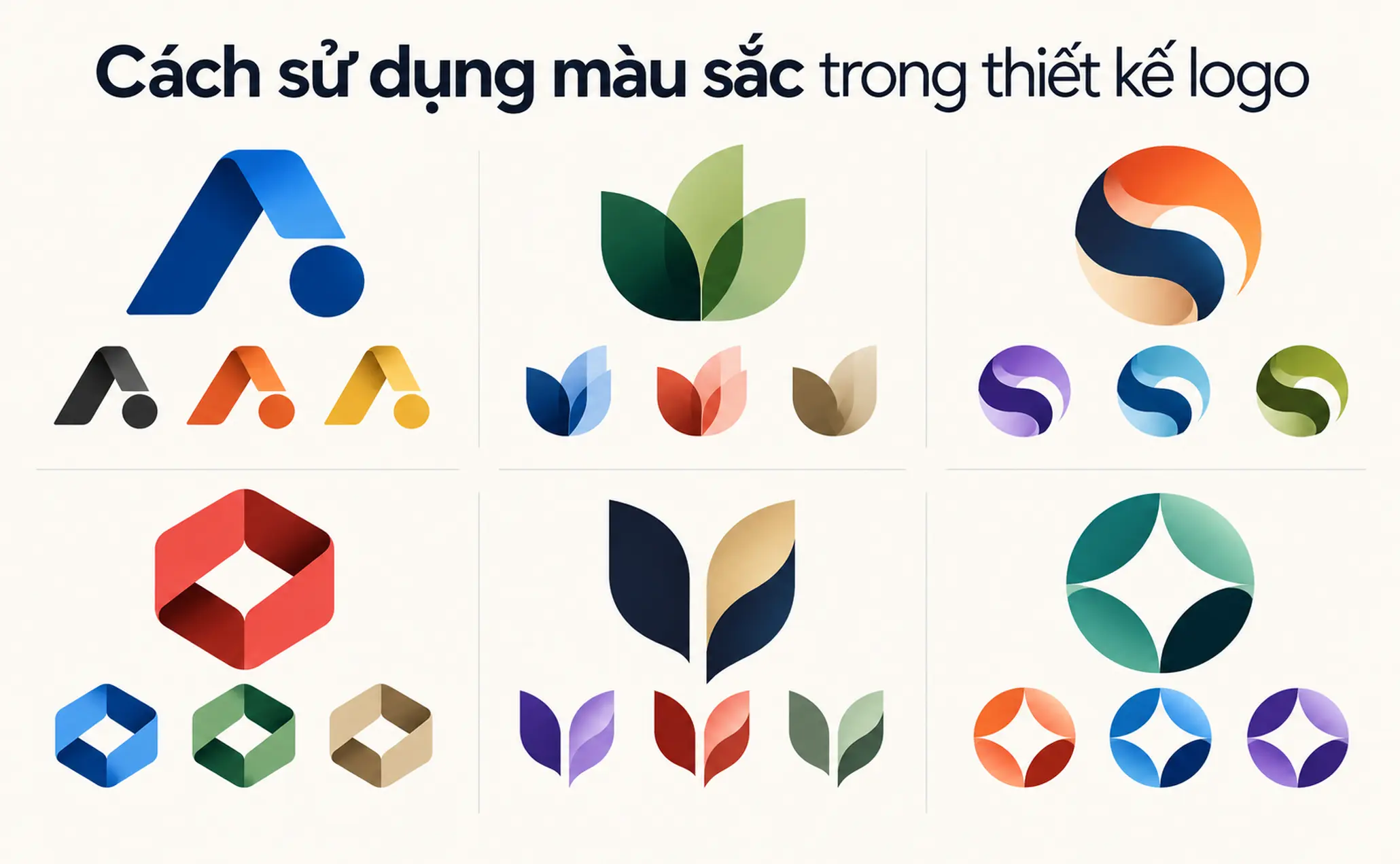 Các mẫu logo minh họa với nhiều phương án màu sắc, thể hiện vai trò của màu trong nhận diện thương hiệu.