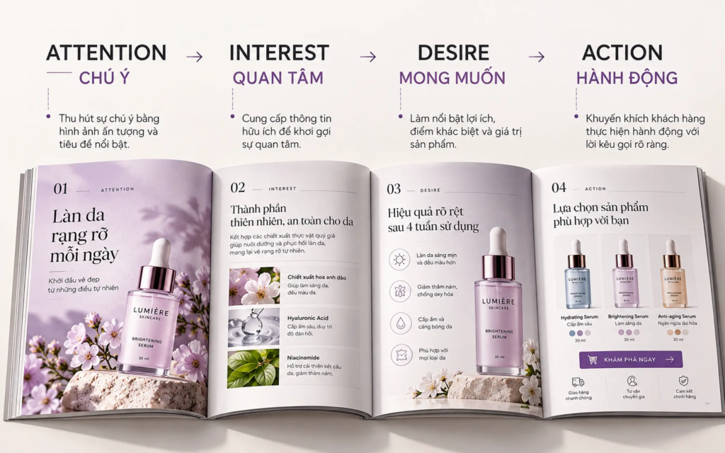 Sơ đồ AIDA thể hiện bốn giai đoạn chú ý, quan tâm, mong muốn và hành động trong nội dung catalogue.