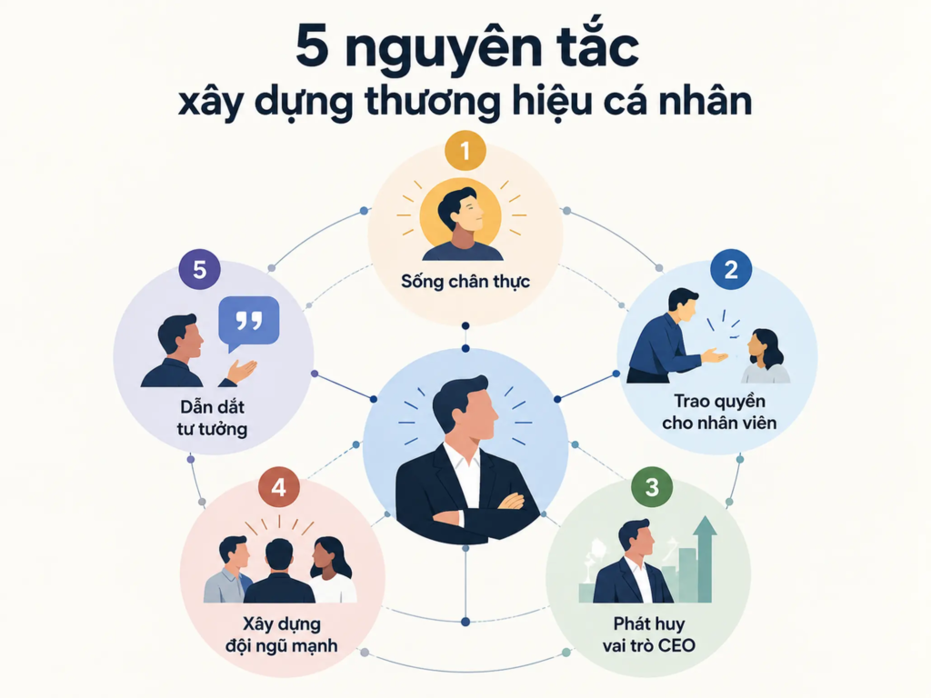 Sơ đồ năm nguyên tắc gồm tính chân thực, trao quyền, vai trò CEO, xây dựng đội ngũ và dẫn dắt tư tưởng.