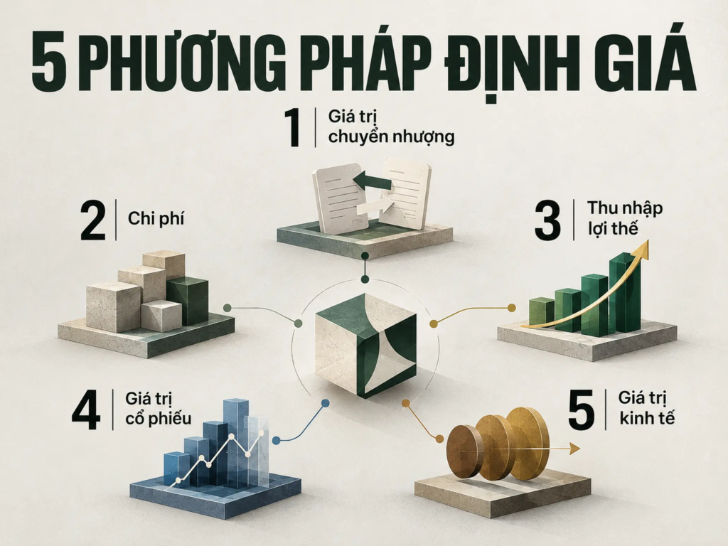 Sơ đồ năm phương pháp định giá thương hiệu dựa trên giao dịch, chi phí, thu nhập, giá cổ phiếu và giá trị kinh tế.