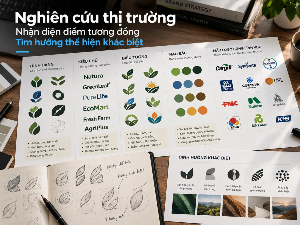 Bảng phân tích các logo theo hình dạng, kiểu chữ, biểu tượng và màu sắc để nhận diện những điểm tương đồng trên thị trường.