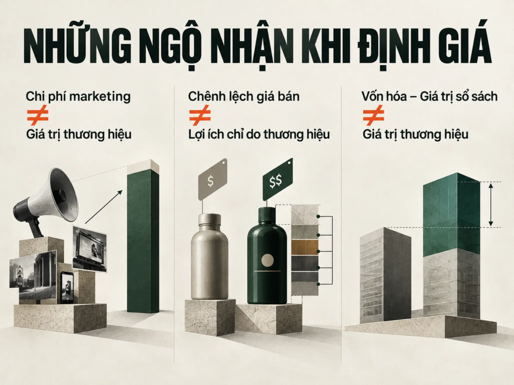 Bảng so sánh ba ngộ nhận về chi phí marketing, chênh lệch giá bán và giá trị thị trường khi định giá thương hiệu.
