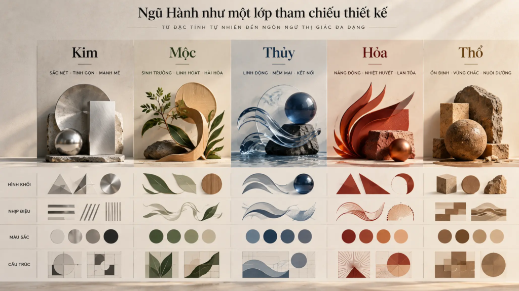 Ma trận năm yếu tố Ngũ Hành được chuyển hóa thành đặc tính hình khối và ngôn ngữ thị giác