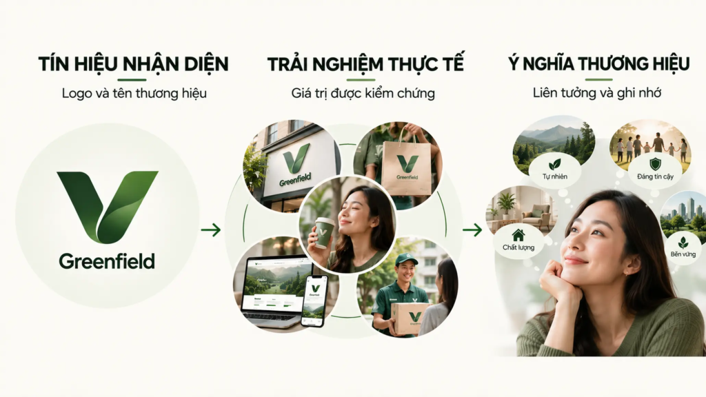Sơ đồ liên kết tín hiệu nhận diện, trải nghiệm thực tế và ý nghĩa thương hiệu trong tâm trí khách hàng.