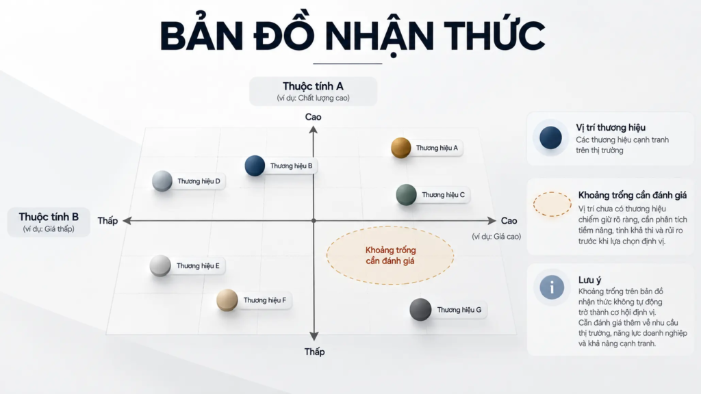 Bản đồ nhận thức minh họa vị trí tương đối của các thương hiệu và khoảng trống cạnh tranh cần đánh giá.