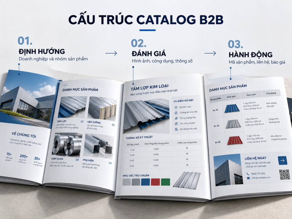 Trang catalog minh họa vị trí tên sản phẩm, hình ảnh, công dụng, thông số kỹ thuật và thông tin đặt hàng.