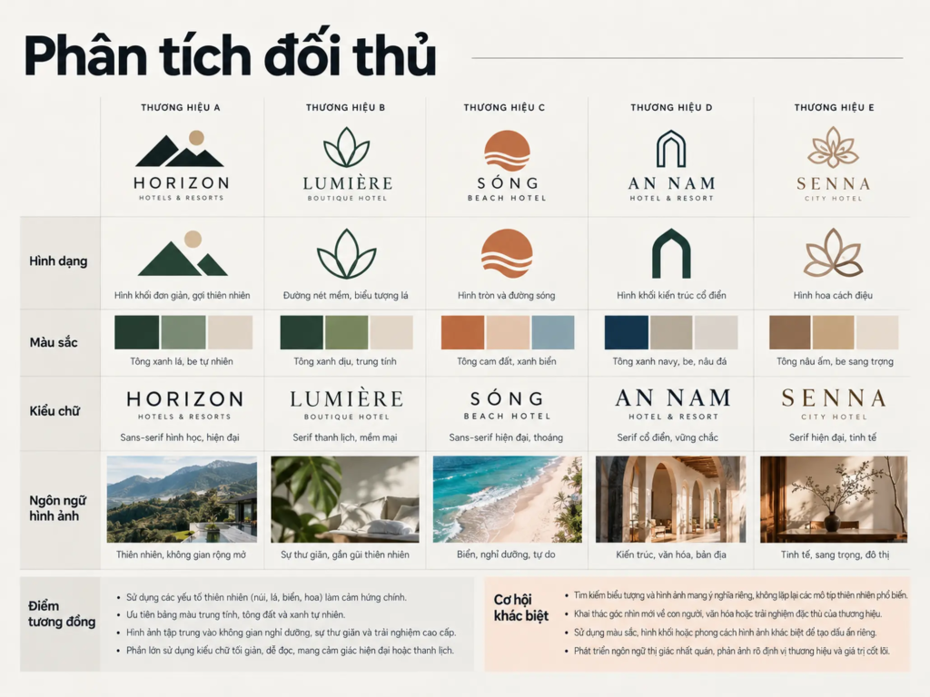 Bảng đối chiếu hình dạng, màu sắc, kiểu chữ và ngôn ngữ hình ảnh để xác định điểm tương đồng và khác biệt giữa các thương hiệu.