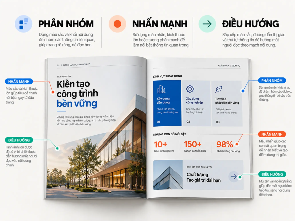 Minh họa màu sắc và đồ họa được dùng để phân nhóm, nhấn mạnh và điều hướng thông tin Profile.