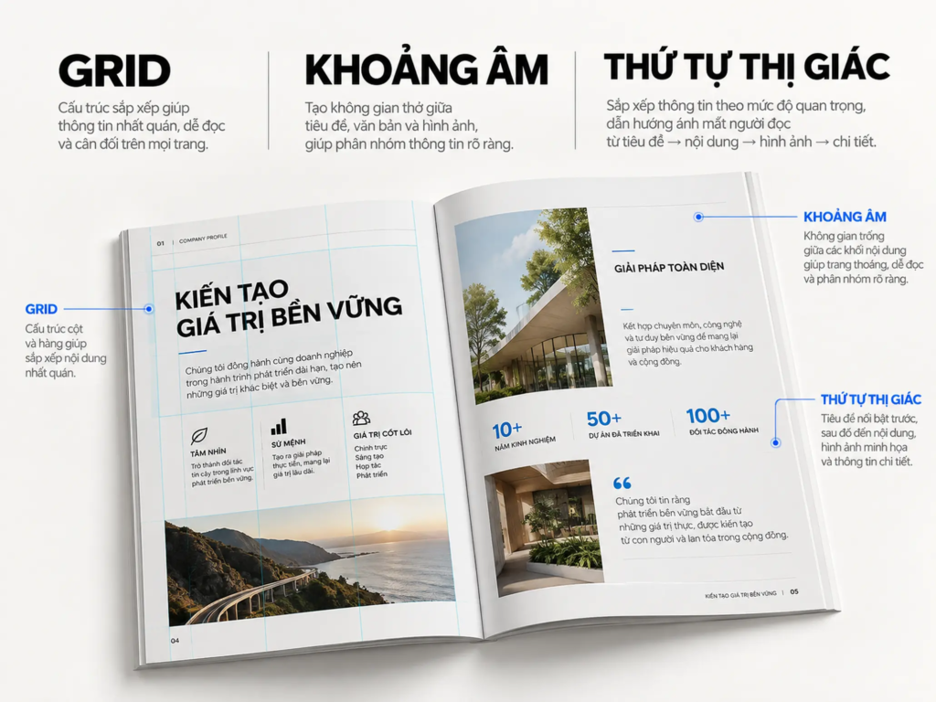 Bố cục Profile minh họa hệ thống grid và khoảng âm giữa văn bản, hình ảnh và các nhóm thông tin.