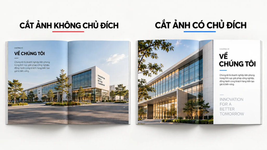 So sánh cách cắt ảnh thông thường và cắt ảnh có chủ đích trong bố cục Profile doanh nghiệp.